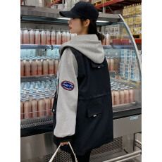 批发学院风女装撞色风衣外套宽松抽绳收腰有里衬连帽长袖上衣双拉链