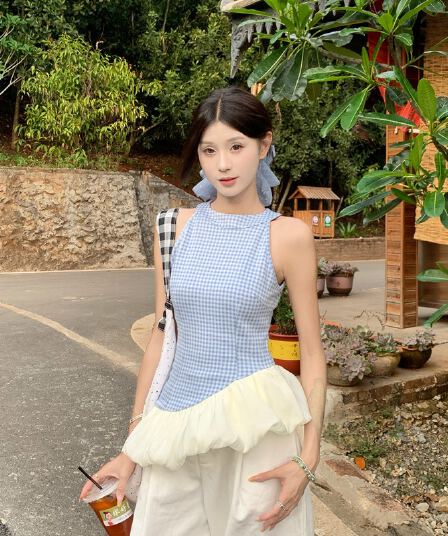 실사 정가 여름 핫걸 민소매 체크무늬 퍼프 실 밑단 허리 수축 조끼 맨위