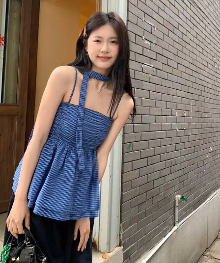실사 정가 한 부서 달콤한 매운맛 행침 목 파란색 체크무늬 캐미솔 맨위