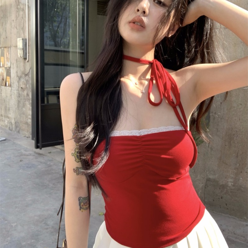 실사 정가 스트랩 행침 목 조끼 여성 레이스 패치워크 니트 몸매 가꾸기 맨위