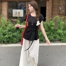 批发实拍实价~ 设计感飘带小飞袖衬衣女夏气质百搭上衣+阔腿裤