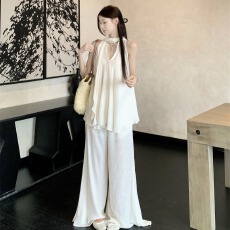 批发实拍实价~禅意挂脖飘带衬衣慵懒无袖衬衫+宽松软糯白色阔腿裤套装