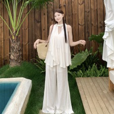 批发实拍实价~禅意挂脖飘带衬衣慵懒无袖衬衫+宽松软糯白色阔腿裤套装