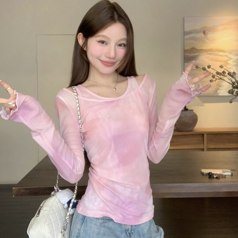 FA36794# 温柔风粉色渐变长袖T恤夏季新渐变扎染百搭时尚上衣 服裝批發女裝批發服飾貨源
