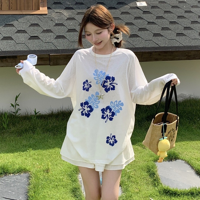 FA33269# 花卉印花薄款微透插肩长袖罩衫宽松T恤女慵懒风上衣 服裝批發女裝批發服飾貨源