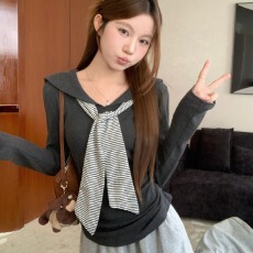 批发实拍实价~海军领假两件条纹披肩长袖<b class='q'>T</b><b class='q'>恤</b>上衣女