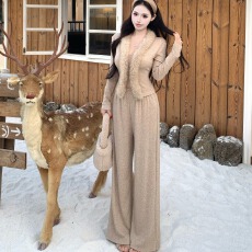 批发实拍实价~温柔姐系<b class='q'>V领</b>老钱感毛毛领收腰上衣百搭直筒裤套装