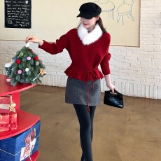 批发实拍实价~爆款设计感红色毛毛新年圣诞套装
