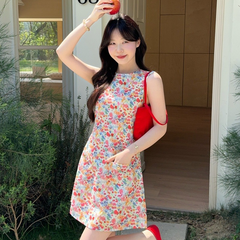 실사 정가 배색 작은 꽃무늬 조끼 여성 드레스 봄 여름 순면 라운드 넥 몸매 가꾸기 허리 수축 민소매 미니 스커트
