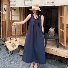批发实拍实价~ 海边度假风无袖背心<b class='q'>连衣裙</b>女极简风宽松显瘦A字长裙