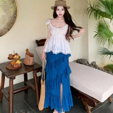 批发实拍实价~ 复古度假风海边法式低胸上衣不规则设计花边开叉半身裙