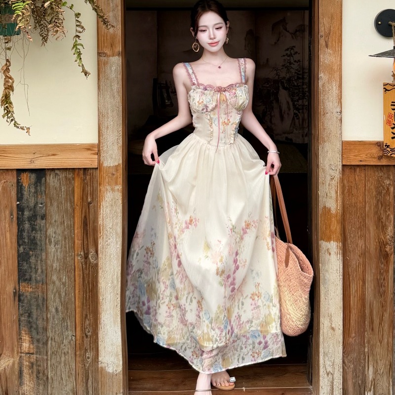 실사 정가 광장 칼라 허리 수축 목이버섯 연주 중 가져 가라. 슬립 여성 드레스 여름 프랑스식 슬립 롱 스커트