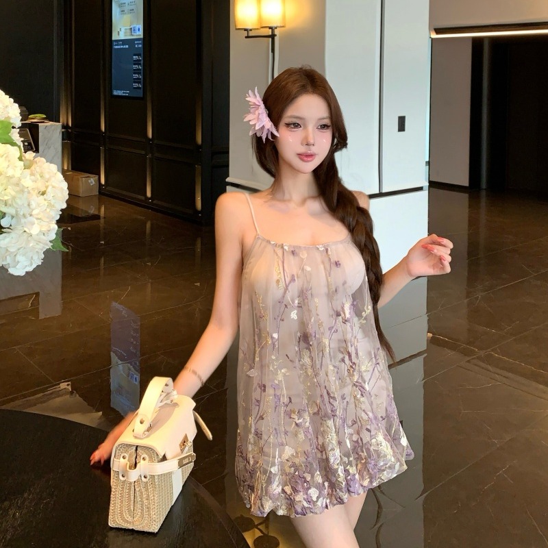 실사 매우 매운맛 떨어지는 꽃 리플 고유 한 Chic 디자인 센스 회색 슬립 드레스 여성 드레스