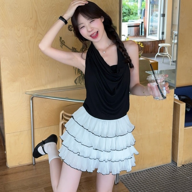 실사 정가 흔들다 칼라 행침 목 조끼 고급 센스 여성 여름 민소매 슬립 스트레이트 어깨 의류 반 스커트