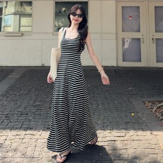 批发实拍实价~ 新款时尚百搭显瘦修身U领条纹背心连衣裙女