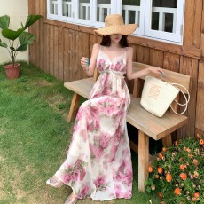 批发实拍实价~ 花漾花海 V领绑带露背吊带连衣裙女春夏蕾丝修饰裙