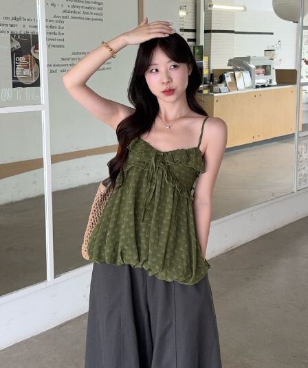 실사 정가 그린 필드 깨진 그림자 센 부서 프릴 V넥 캐미솔 여름 품격 다용도 맨위