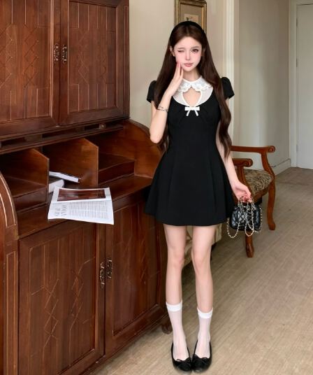 실사 정가 비공개 상속인 도트 무늬 피터 팬 칼라 레이스 홀로우 아웃 패치워크 거품 소매 드레스