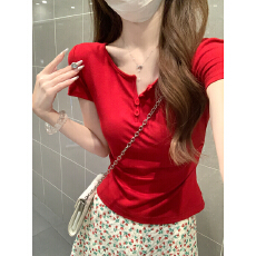 批发实拍实价 春夏韩版修身短款半开领纽扣褶皱设计显瘦短袖T恤<b class='q'>上衣</b>女