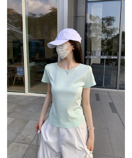 실사 정가 여름 한국 스타일 품격 긍정적 인 어깨 생선뼈 박하 녹색 디스플레이 화이트 다용도 순면 반팔 티셔츠 맨위