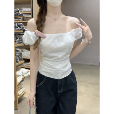 批发实拍实价 夏季<b class='q'>韩版</b>纯欲一字泡泡袖镂空提花带内衬棉布短袖T恤上衣