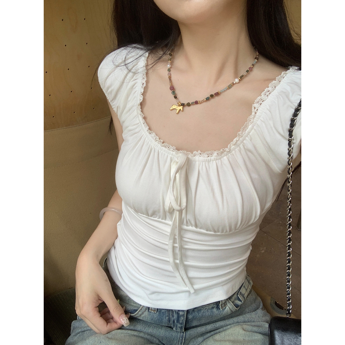 RY70135# 春夏韩版纯欲蕾丝花边系带方领褶皱设计短袖T恤打底上衣