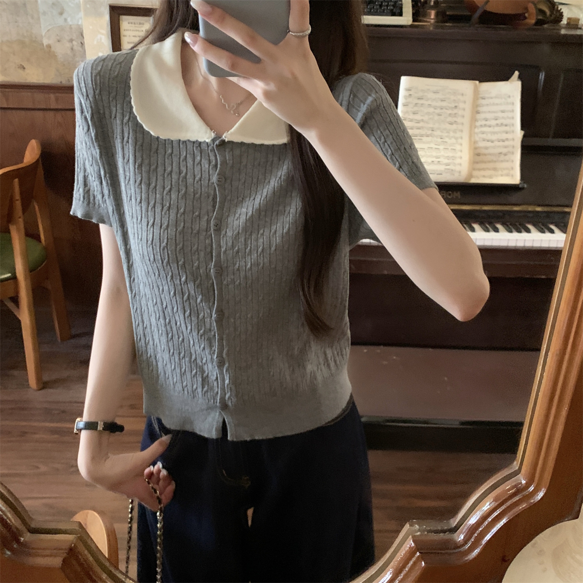 Summer Korean-style quality color-blocking turtleneck frayed lace-knit cardigan short-sleeved top