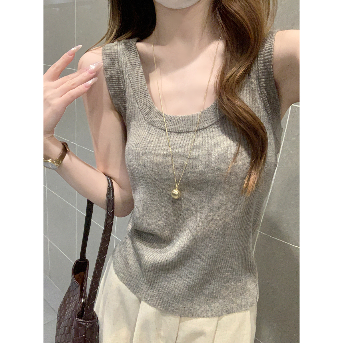 RY70133# 春夏韩版气质U领工字形软糯修身显瘦6羊毛针织背心上衣