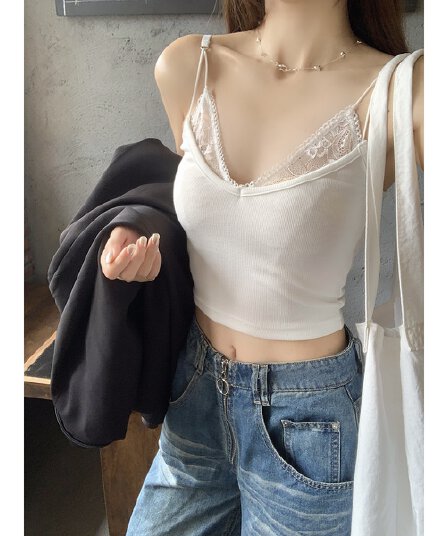 실사 정가 봄 여름 한국 스타일 레이스 조각 V넥 몸매 가꾸기 핫걸 쇼트 스타일 인사이드 가져 가라. 캐미솔 티셔츠 맨위