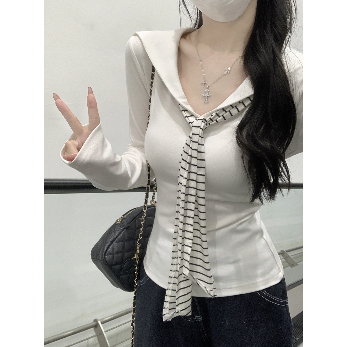 RY70132# 春季韩版条纹披肩V领飘带撞色减龄假两件长袖T恤上衣女