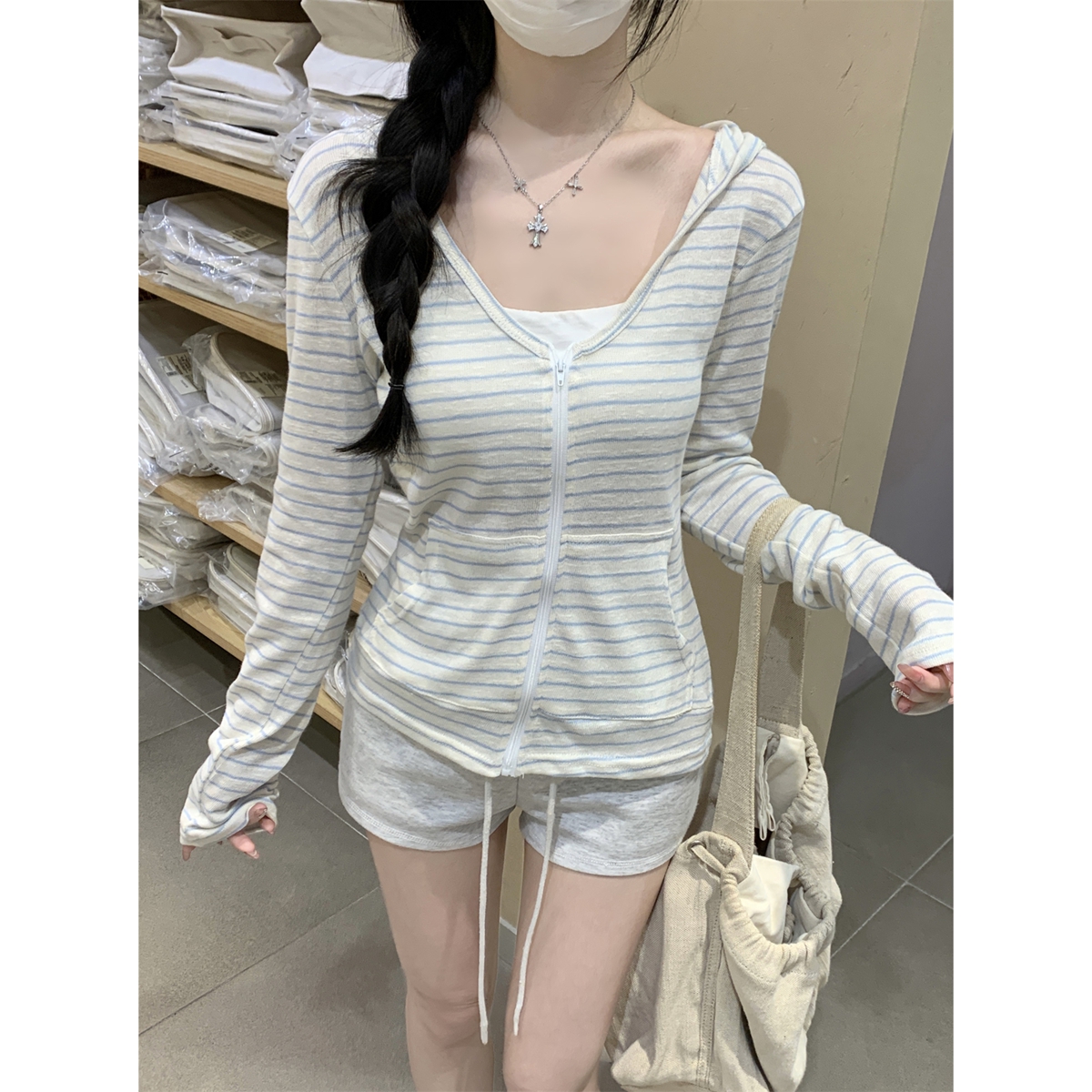 MY12735# 韩版设计感条纹拉链连帽开衫薄款长袖外搭T恤上衣女女裝貨源服裝批發