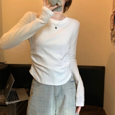 批发实拍实价 秋季韩版气质修身纯色百搭圆领褶皱设计感长袖t恤女上衣