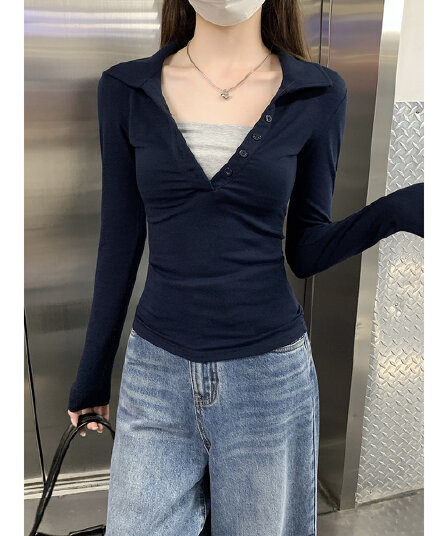 실사 정가 가을 한국 스타일 품격 몸매 가꾸기 단추 페이크 레이어드 POLO 칼라 긍정적 인 어깨 긴팔 인사이드 가져 가라. 티셔츠 맨위
