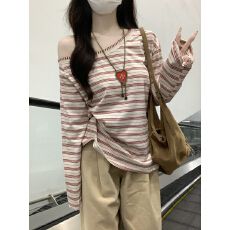 批发实拍实价 秋冬韩版斜肩<b class='q'>条纹</b>慵懒宽松露肩打底衫<b class='q'>长袖</b>内搭<b class='q'>T</b><b class='q'>恤</b>女上衣