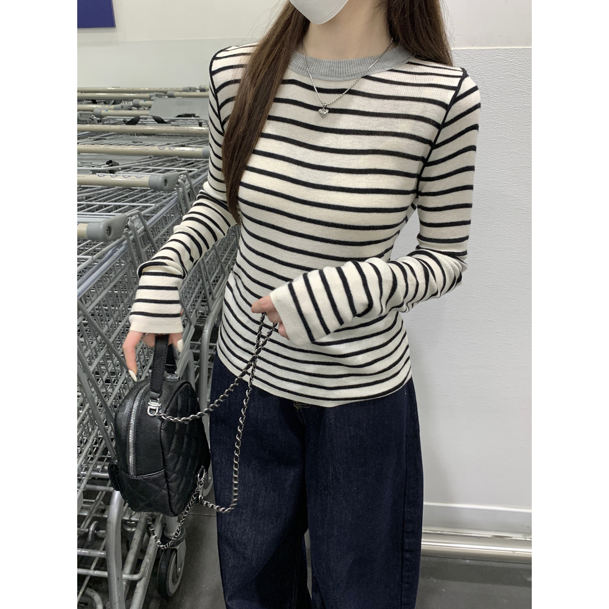 MY14529# 韩版气质圆领撞色条纹设计6羊毛针织衫长袖打底毛衣女裝貨源服裝批發