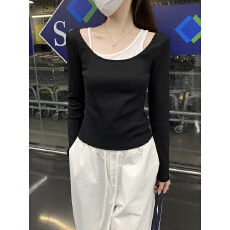 批发实拍实价 秋冬韩版设计感假两件斜肩内搭修身<b class='q'>显瘦</b>长袖T恤打底上衣