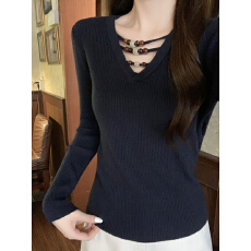 实拍实价 秋冬韩版高级感修身百搭V领串珠设计安迪绒针织衫毛衣女