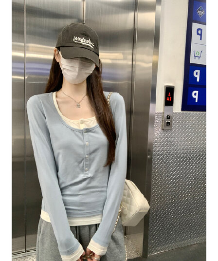 실사 정가 가을 겨울 한국 스타일 페이크 레이어드 배색 패치워크 라운드 넥 몸매 가꾸기 슬림해 보이는 긴팔 티셔츠 만나는 맨위 여성