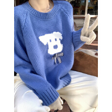 批发实拍实价 秋冬韩版宽松减龄<b class='q'>可爱</b>小狗提花圆领毛衣内搭针织衫上衣