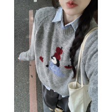 批发实拍实价 秋冬韩版<b class='q'>甜美</b>减龄卡通提花插肩圆领内搭针织衫打底毛衣