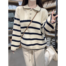 批发实拍实价 秋冬<b class='q'>韩版</b>甜美温柔娃娃领软糯宽松条纹针织打底衫女毛衣