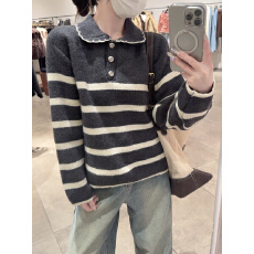 批发实拍实价 秋冬<b class='q'>韩版</b>撞色花边条纹减龄娃娃领慵懒宽松针织衫毛衣女