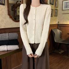 批发实拍实价 秋冬<b class='q'>韩版</b>老钱风麻花圆领安迪绒长袖针织开衫毛衣外套女