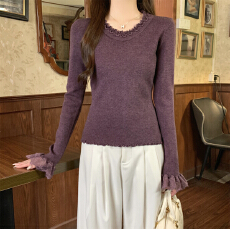 批发实拍实价 秋冬韩版气质圆领<b class='q'>蕾丝</b>双层木耳边安迪绒针织衫打底上衣