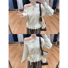 批发实拍实价 秋冬韩版温柔减龄<b class='q'>荷叶边</b>斜肩收腰系带安迪绒针织衫<b class='q'>毛衣</b>