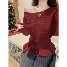 批发实拍实价 秋冬韩版纯欲斜肩绑带收腰<b class='q'>荷叶边</b>安迪绒露肩针织衫<b class='q'>毛衣</b>