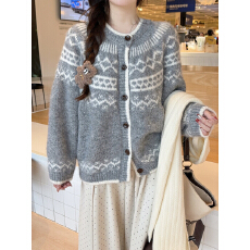 实拍实价 秋冬韩版复古圆领单排扣费尔岛提花毛衣针织开衫外套女