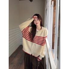 批发实拍实价 秋冬韩版宽松撞色条纹连帽北极绒针织衫开衫毛衣外套女