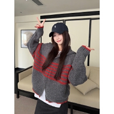 批发实拍实价 秋冬韩版宽松撞色条纹连帽北极绒针织拉链开衫毛衣外套