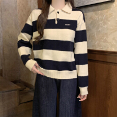 批发实拍实价 秋冬韩版撞色条纹polo领设计<b class='q'>北极</b><b class='q'>绒</b>针织衫长袖毛衣女